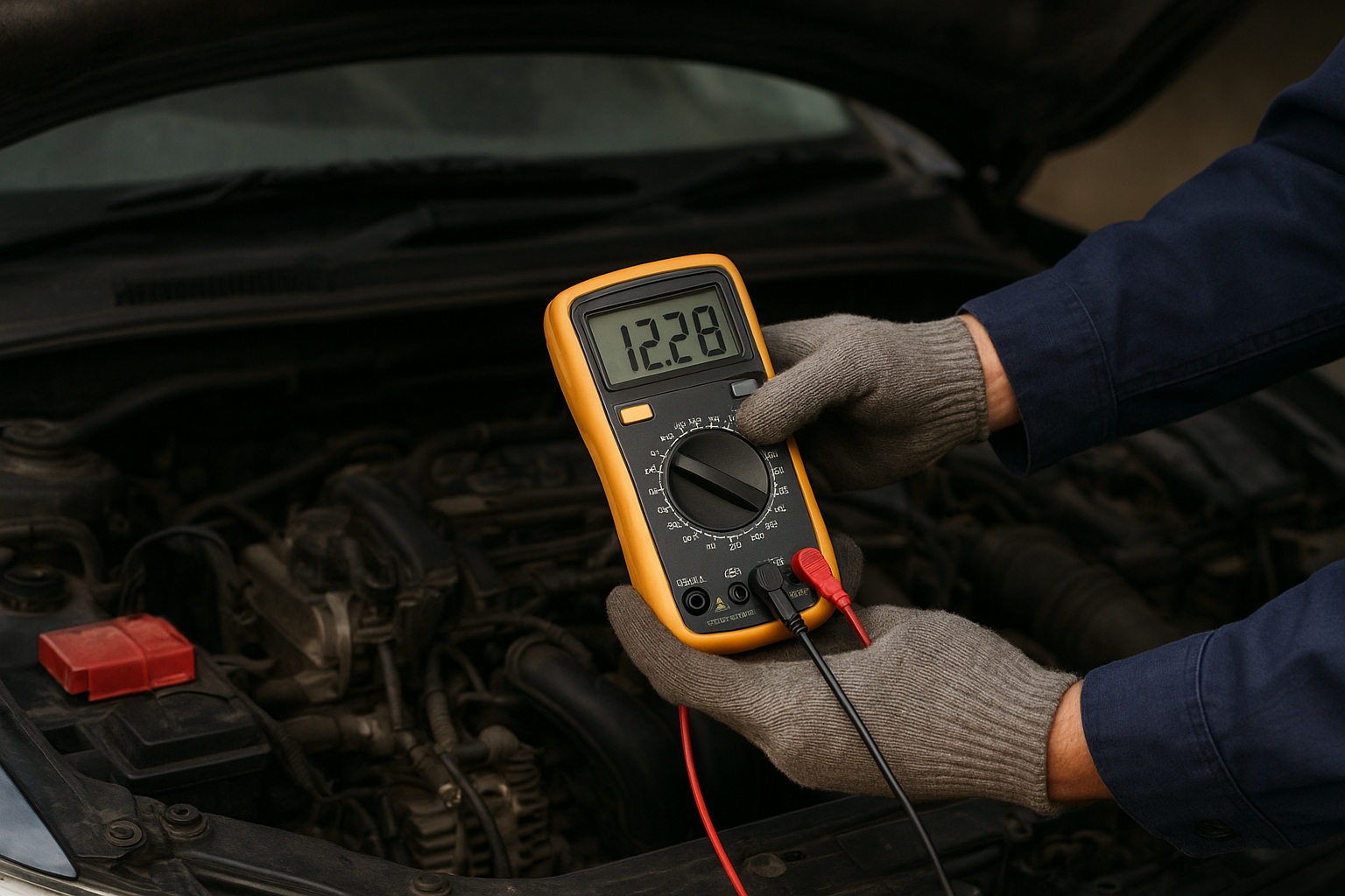 Técnico comprobando voltaje del motor con tester